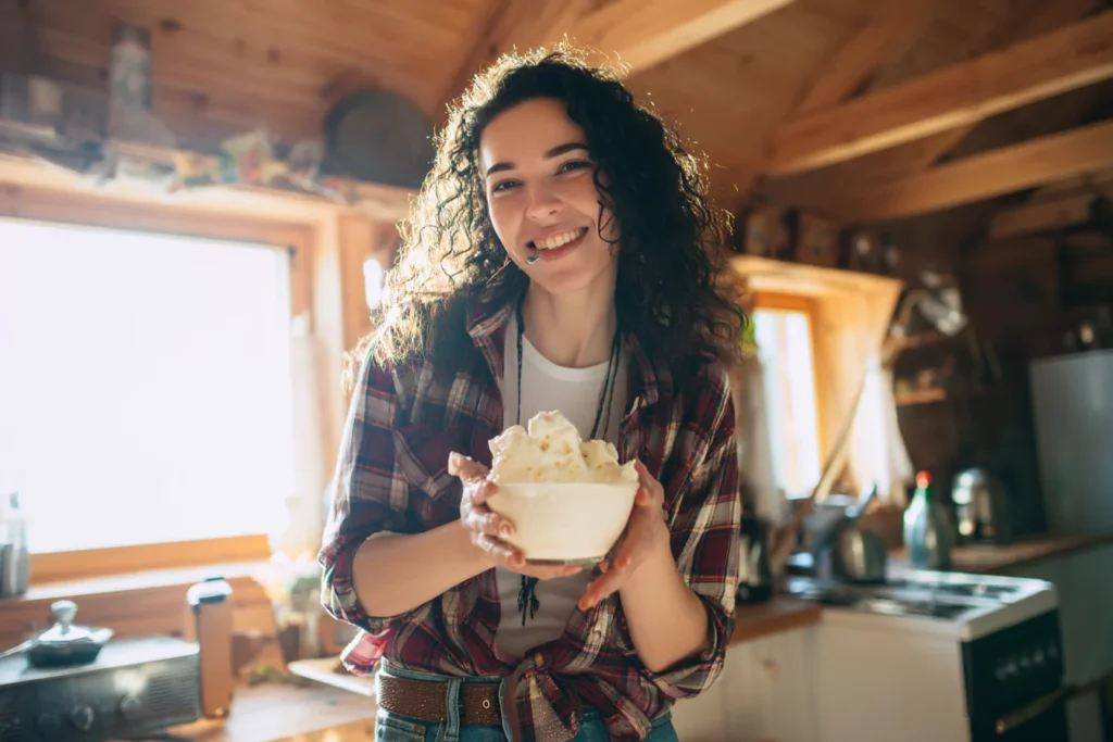 Woman discovering homemade 开处出血视频 朝鲜少妇xxxx做受 ice cream in rustic kitchen