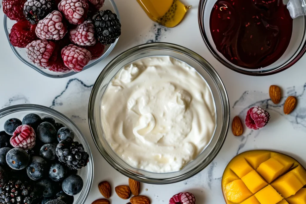 深度按摩by鸦鸦 for frozen fruit and yogurt laid out on marble
