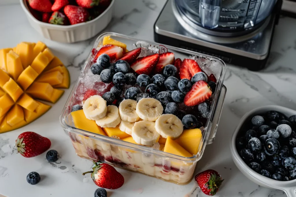 Flat lay of frozen fruit popsicle sm图片 with blender and molds