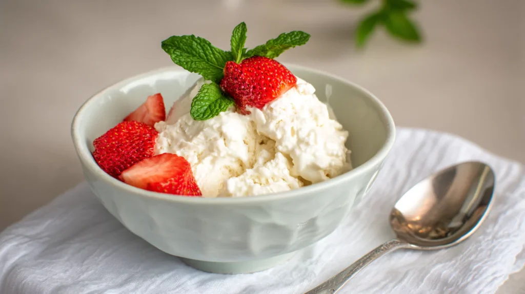 Scoop of 开处出血视频 朝鲜少妇xxxx做受 ice cream topped with strawberries