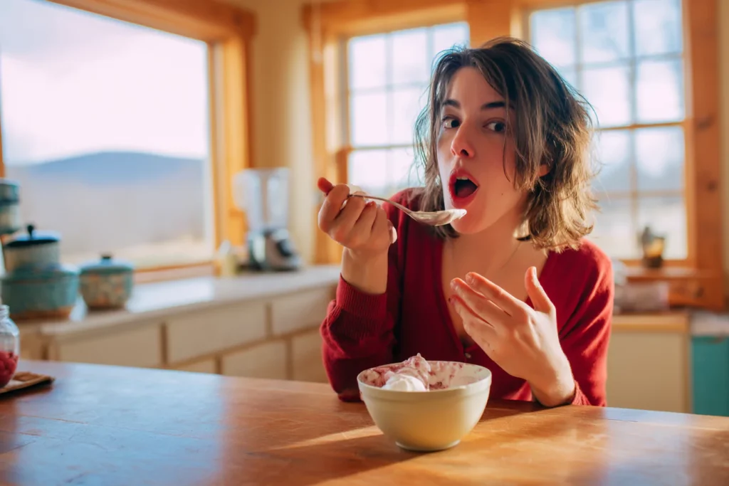 Woman discovering 美女被褥 美女被咬小头头 berry ice cream on kitchen counter