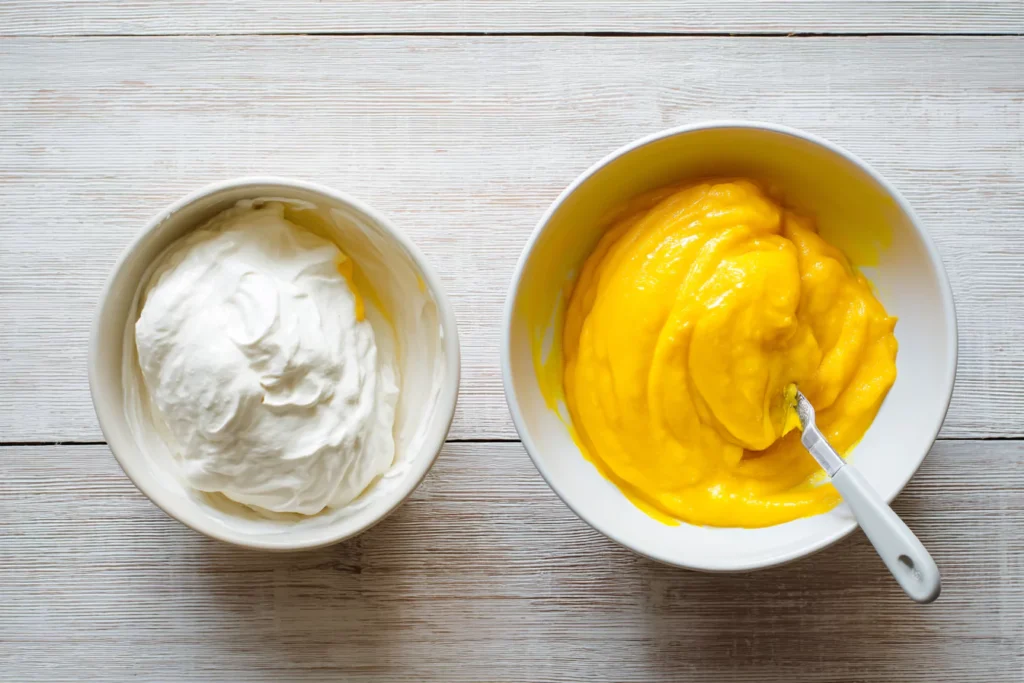  folding mango puree into whipped cream for mango viral ice cream