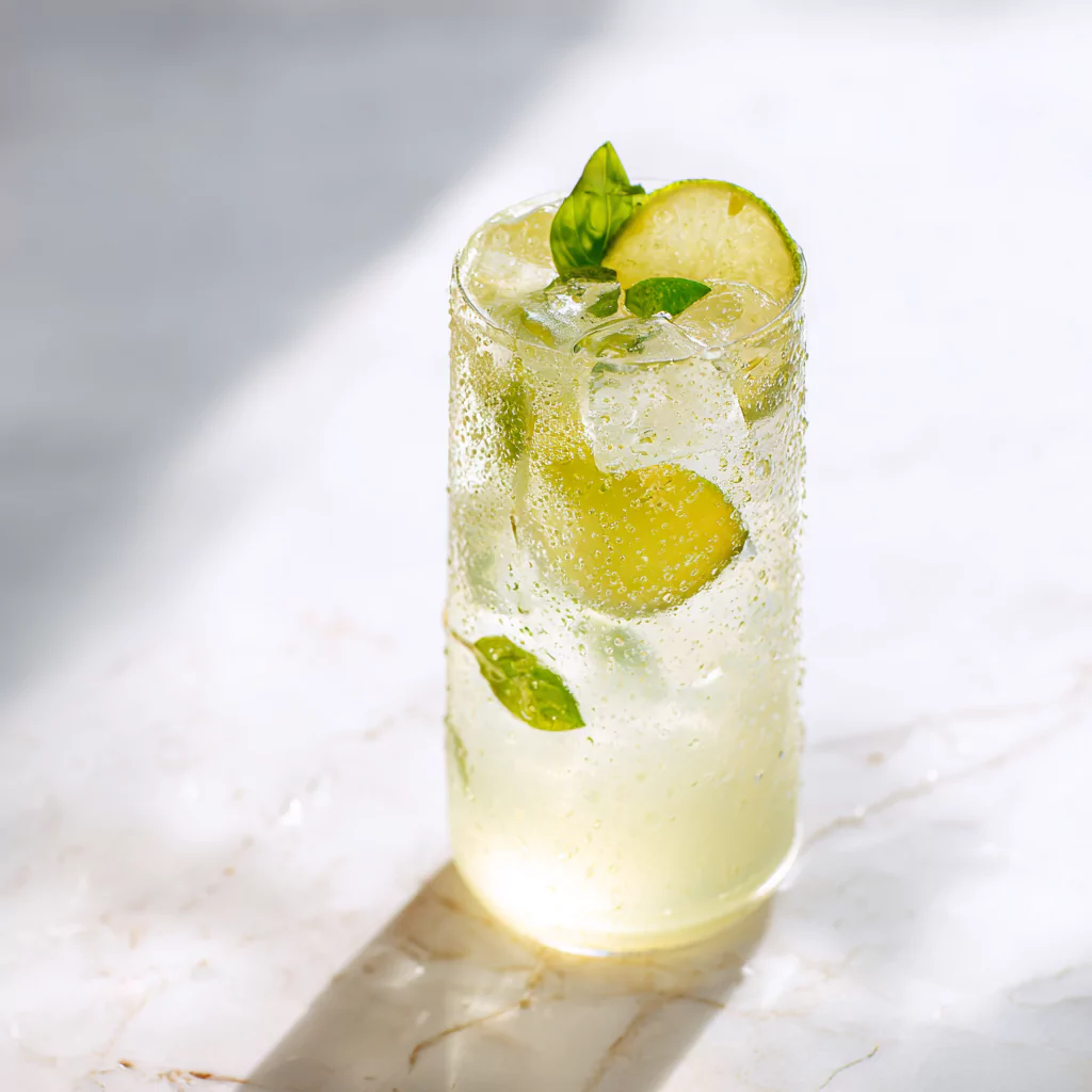 Sparkling calamansi spritzer with basil and ice in a highball glass