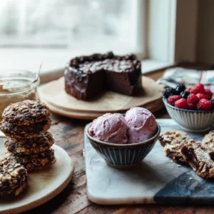 A rustic display of low FODMAP desserts