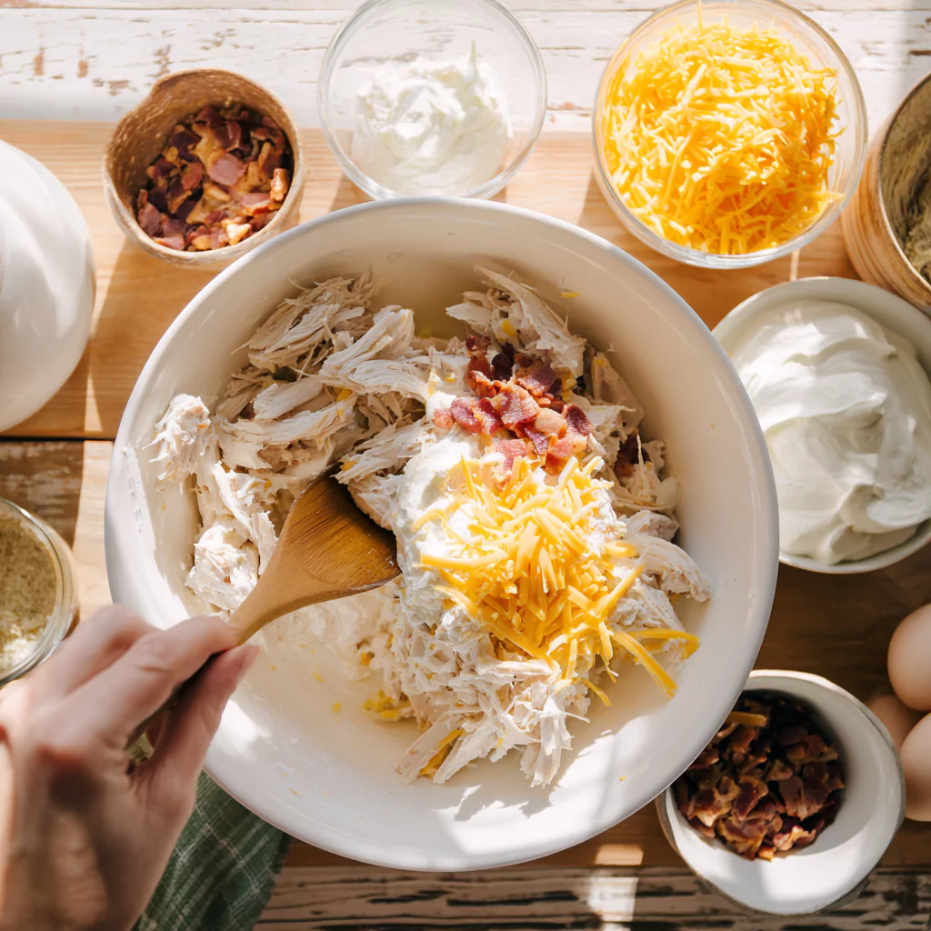 Step-by-step prep of Neiman Marcus chicken casserole 人妻激情偷乱一区二区三区 in a mixing bowl