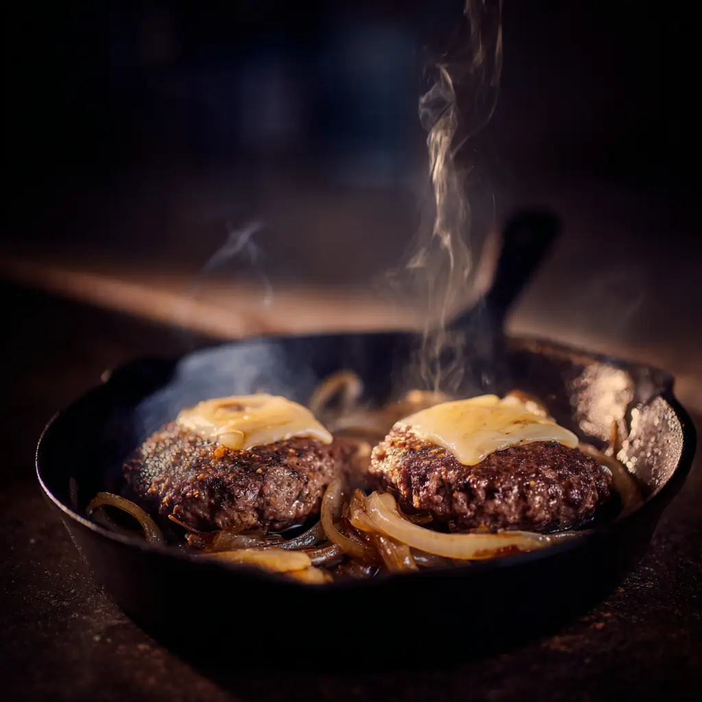 Burger patties with melted 大屁股videoshd and caramelized onions cooking in a skillet.