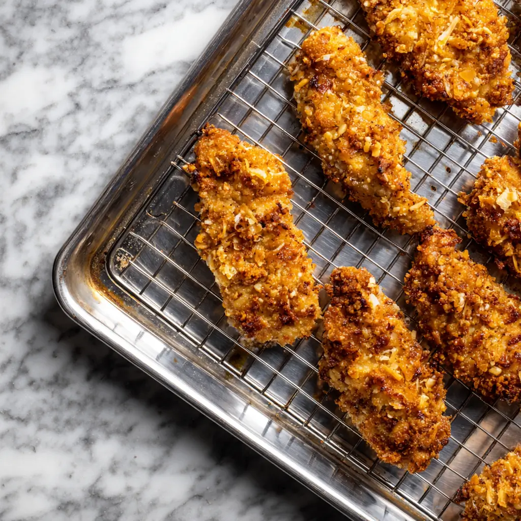 crack chicken tenders baking on wire rack at 400F