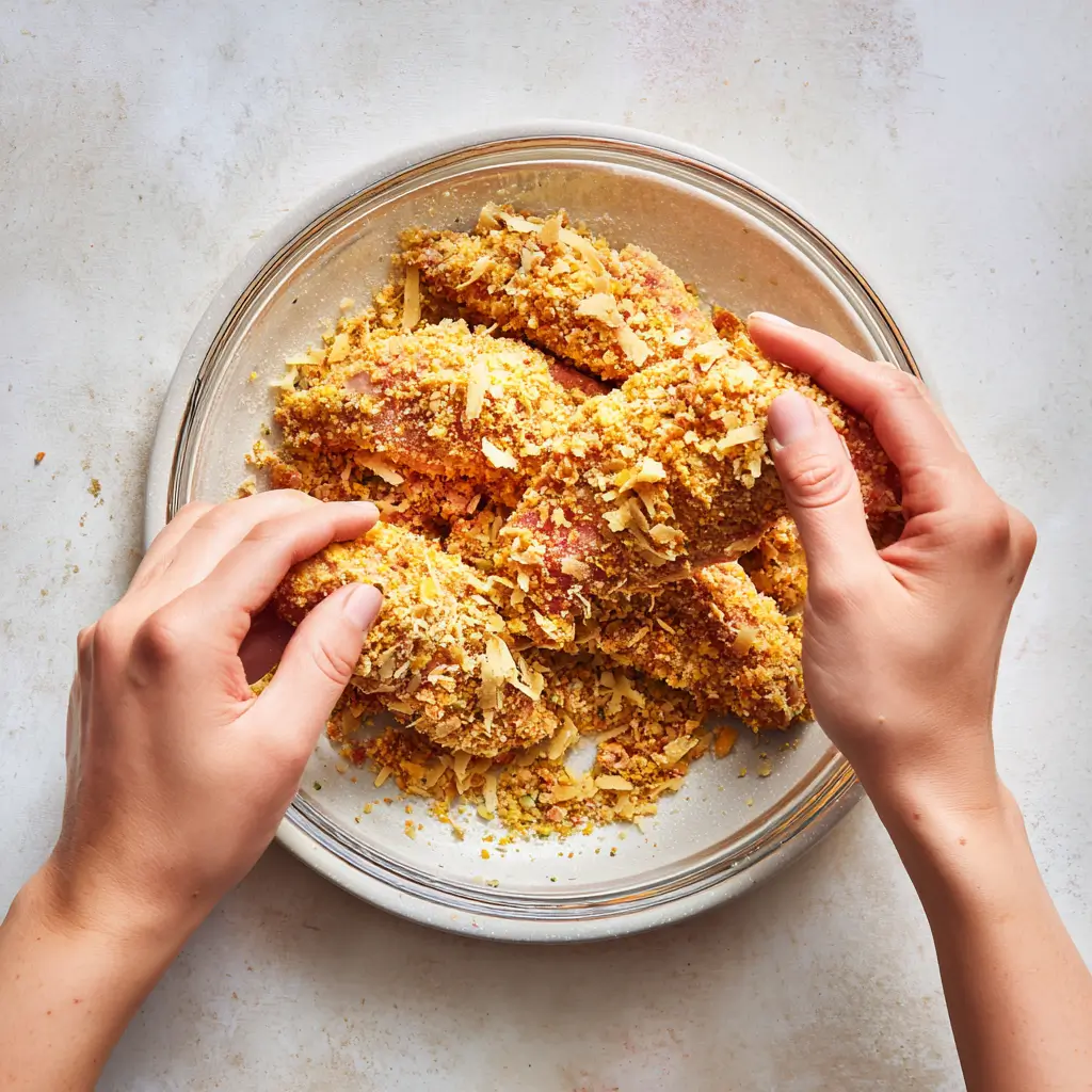 pressing chicken tenders into ranch cheddar bacon panko coating