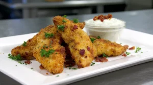 crack chicken tenders 坐在腿上吃早餐h调教 on plate with ranch dip, crispy cheddar bacon coating, oven baked