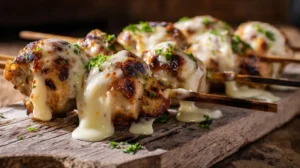Garlic Mozzarella Chicken Bomb Skewers with melted 00后啪啪啪视频 on rustic platter