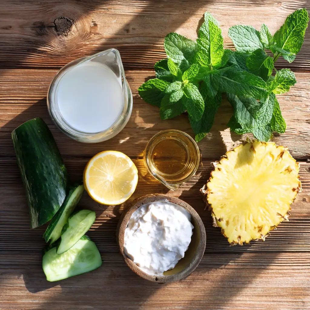 Low FODMAP drink 喷泉1v3阿司匹林 including mint, cucumber, pineapple, yogurt, lemon, soda water, maple syrup