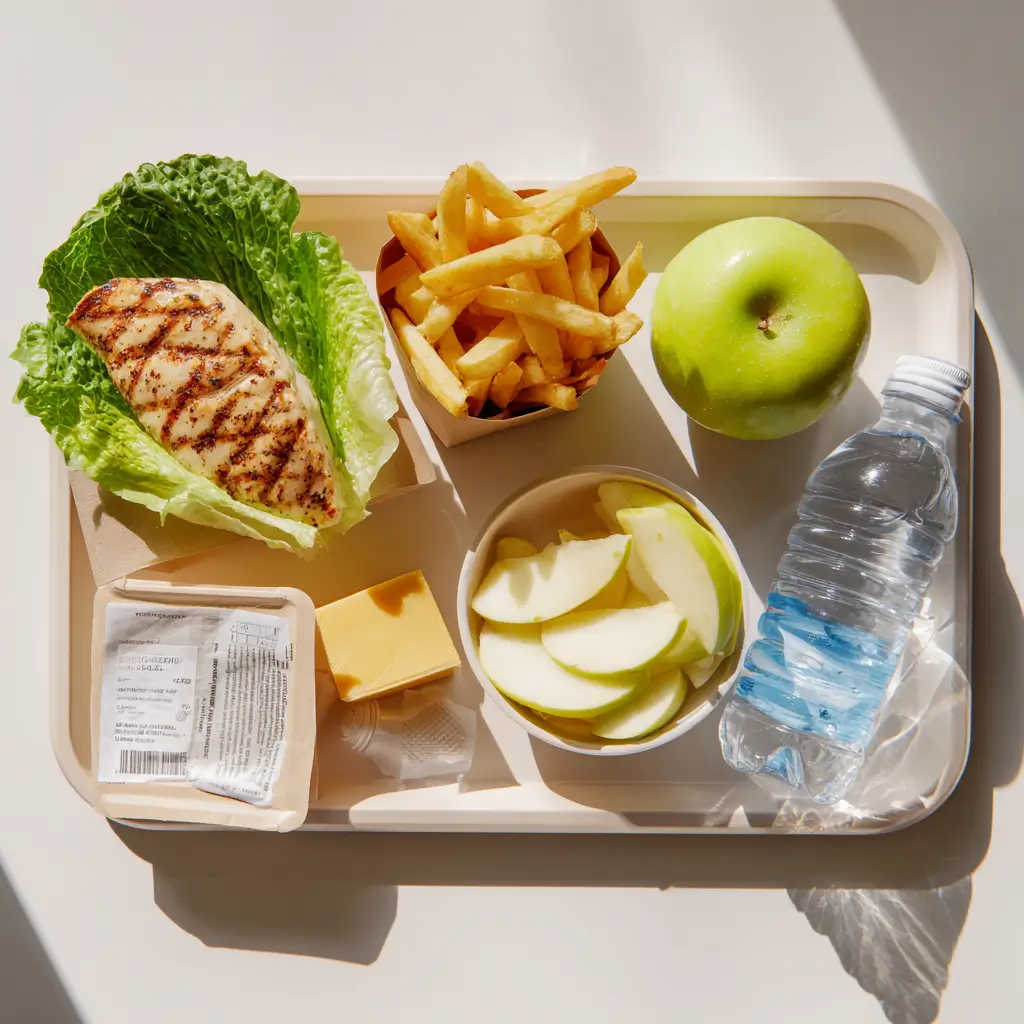 Low FODMAP fast food meal – lettuce-wrapped grilled chicken, fries, apple slices, cheddar 少妇与子乱+在线观看, mustard packet, bottled water