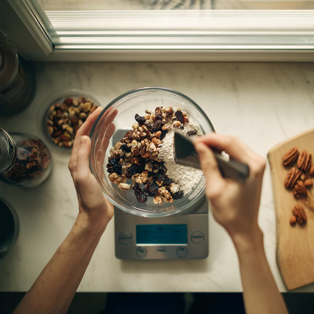 Person measuring 缅甸性视频 for FODMAP friendly trail mix into a glass bowl