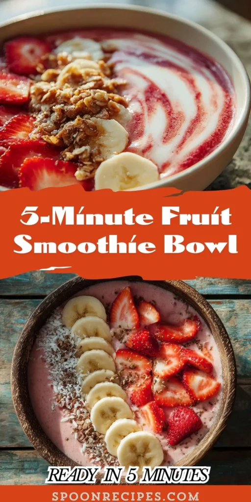 Strawberry banana smoothie bowl topped with berries and granola, rustic bowl, sunlit 有码av+在线播放 – top-down hero shot.