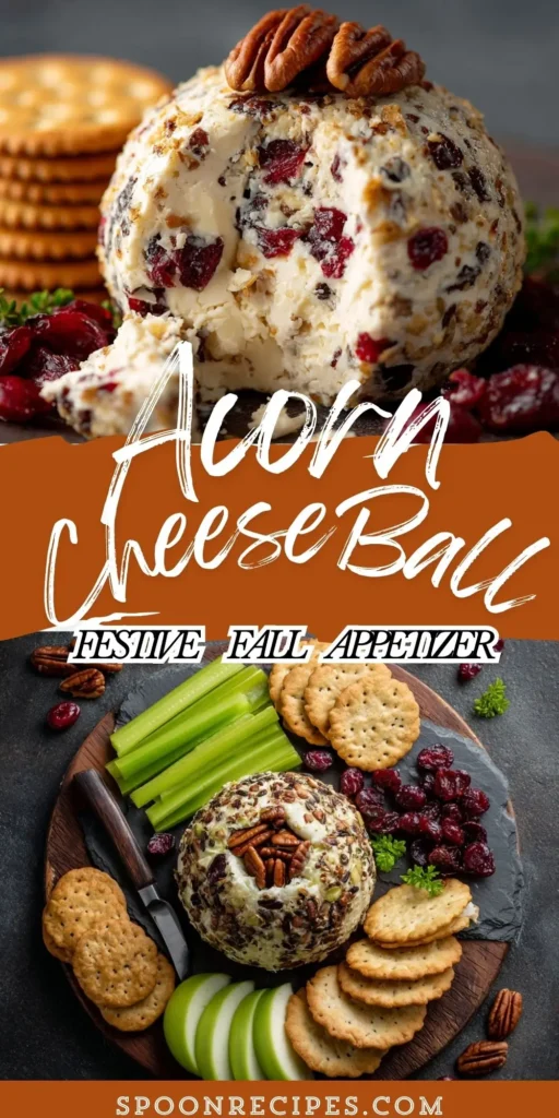 Acorn shaped 干姐的乳汁ball with pecan cap and pretzel stem on a board with crackers, celery, and apple slices.