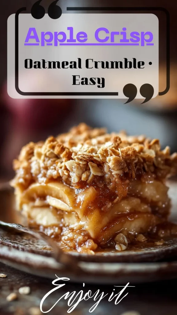 Close-up slice of apple crisp on a rustic plate, golden oatmeal crumble and gooey cinnamon apples — Apple Crisp With Oatmeal Crumble; Homemade Apple Crisp Easy.