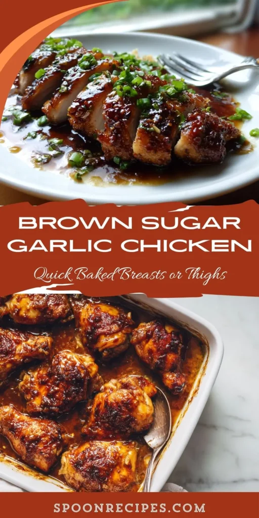 Close-up of baked chicken coated in glossy brown sugar garlic sauce in a white dish with light herb flecks; quick juicy dinner.