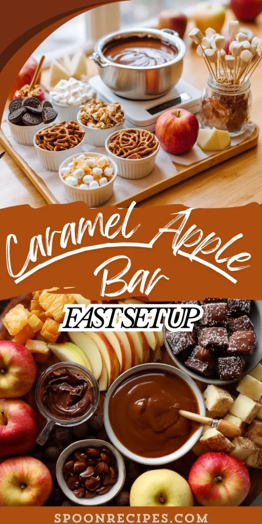 Close-up caramel apple dipping station with bowls of toppings, warm caramel and chocolate, apples on sticks, and a parchment tray for setting.