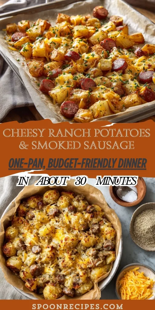 Sheet pan with crispy ranch potatoes and smoked sausage coins topped with melted cheddar and chives, close-up overhead.