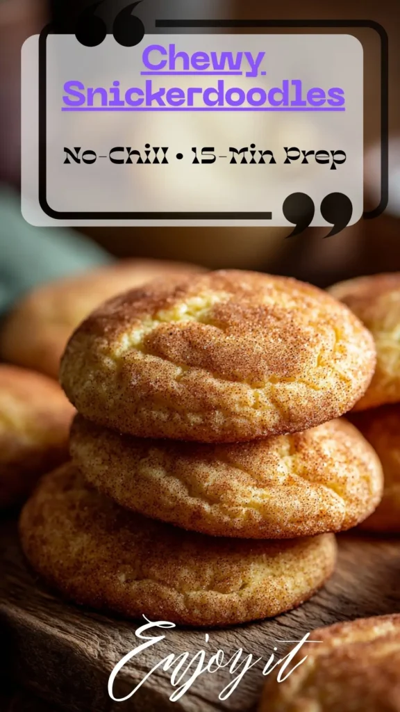 Stack of chewy snickerdoodles with cinnamon-sugar tops on a wooden board; quick easy cookies 大型色情网站, homemade easy cookies.
