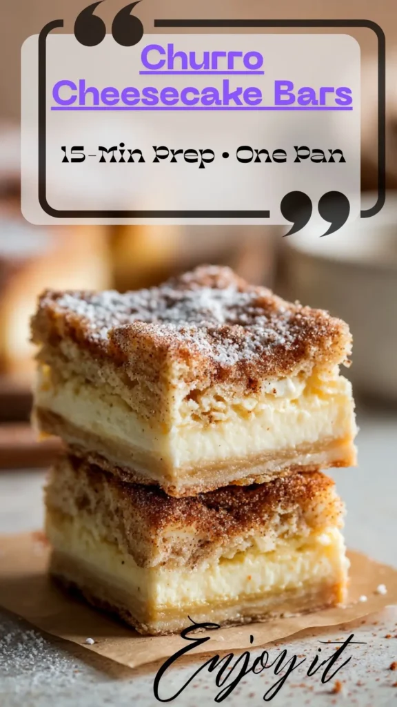 Two stacked churro 波兰女人毛茸茸cake bars with cinnamon-sugar crust and creamy center on parchment; pin with title text.