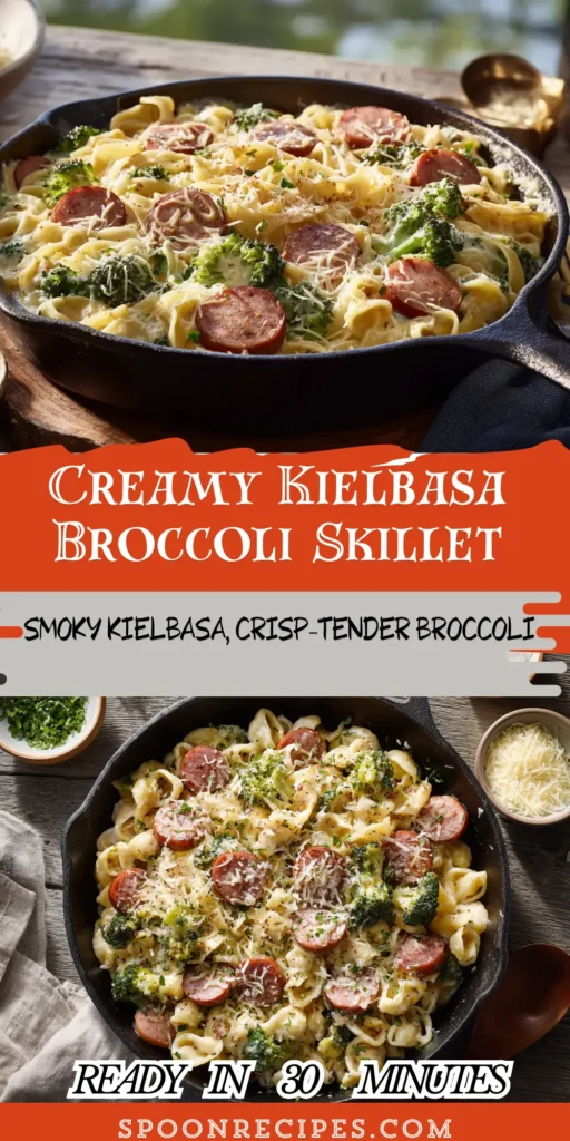 One-pan creamy pasta with sliced kielbasa and broccoli, melted 女友被教练硬了进去了 on top, cast-iron skillet on marble with parsley bowls.