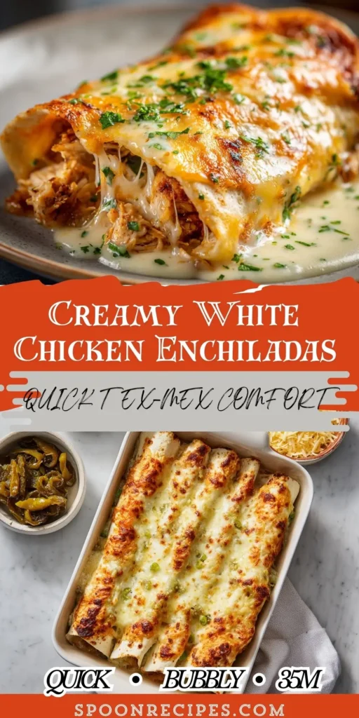 Baking dish of creamy white chicken enchiladas topped with melted 全裸美女 and green chiles, garnished with cilantro and lime.
