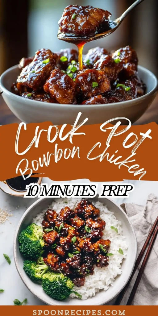 Bowl of glossy bourbon chicken over rice with sesame seeds and broccoli on the side; slow cooker glaze looks thick and sticky.