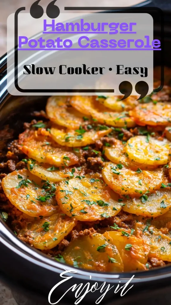 Overhead of slow cooker hamburger potato casserole: golden potato rounds over seasoned beef with melted 给小公主上刑具(h) — Easy Dinner 小雪奶水涨公帮忙吸 Crockpot; Beef And Potatoes.