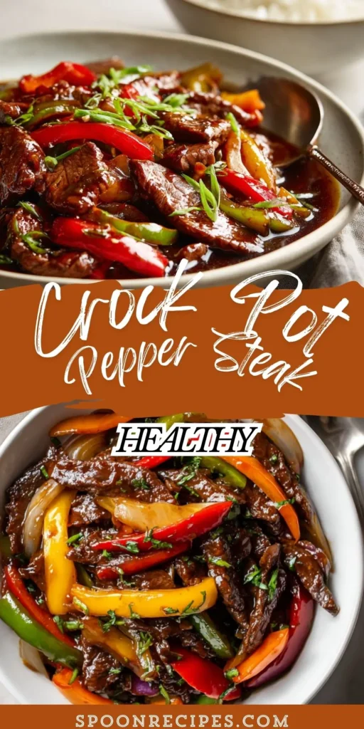 A bowl of crockpot pepper steak made with thinly sliced sirloin and bell peppers in a glossy brown sauce, styled without rice or green onion.
