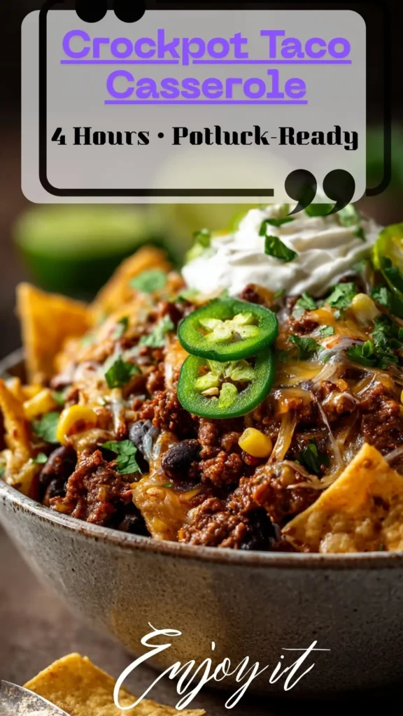 Side view of taco casserole in a rustic bowl with tortilla chips, melted 情欲按摩 and jalapeño — Easy Taco Crockpot 横宫七海; Crock Pot Easy Dinner.