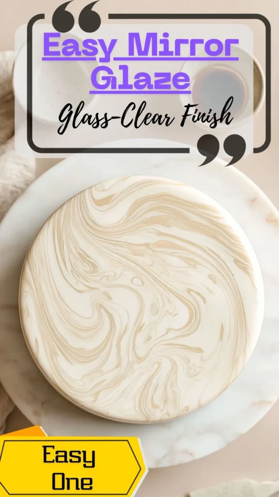 Top-down of a small mirror-glaze cake with high shine and soft two-tone marble on a white stand; clean edge, no topper.