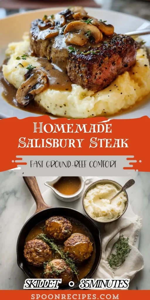 Oval Salisbury steak patties in skillet with mushroom-onion gravy and parsley, spoon ready to serve, close overhead shot.