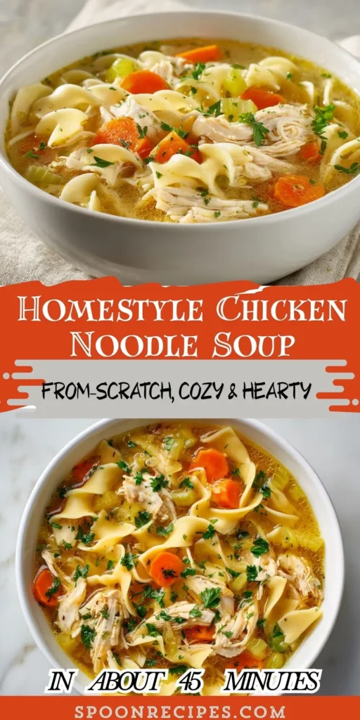 Overhead bowl of golden chicken noodle soup with carrots, celery, shredded chicken, and wide egg noodles in a white bowl.