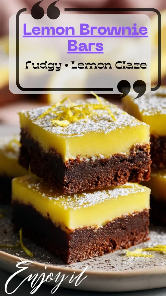 Side view lemon brownie bars: fudgy chocolate base topped with bright lemon layer, powdered sugar and zest on a plate.