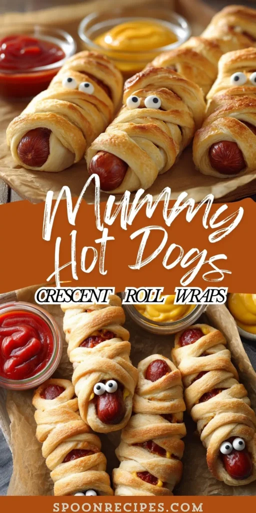 Golden crescent-wrapped mummy hot dogs with a small face gap and candy eyes on a tray with ketchup and mustard dipping cups.