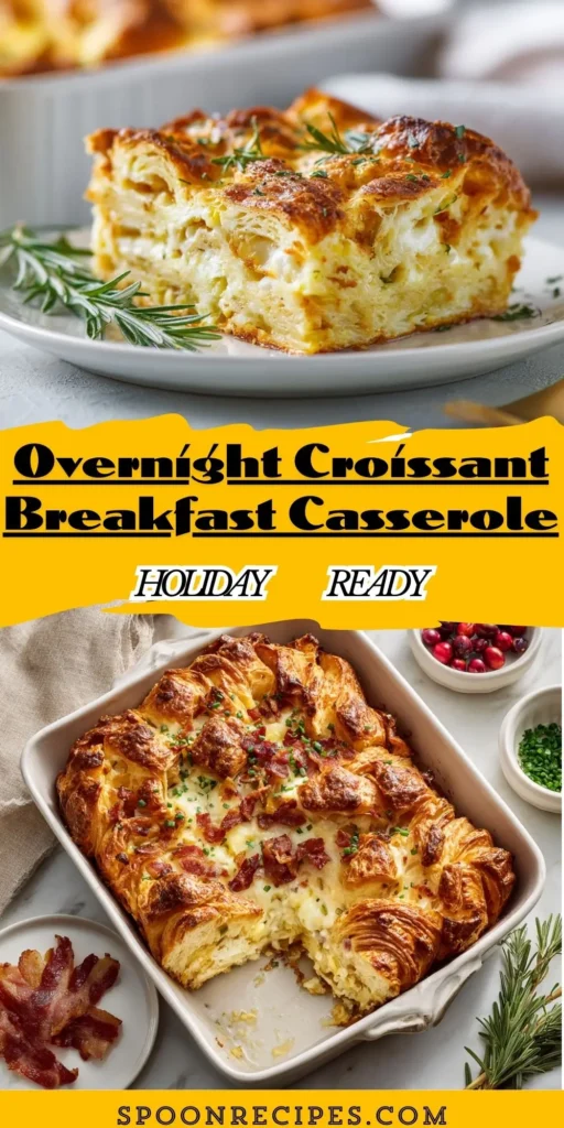 Golden overnight croissant 我在开会他在下添的好爽 casserole—slice on plate with rosemary, 9x13 pan with bacon and chives on marble.