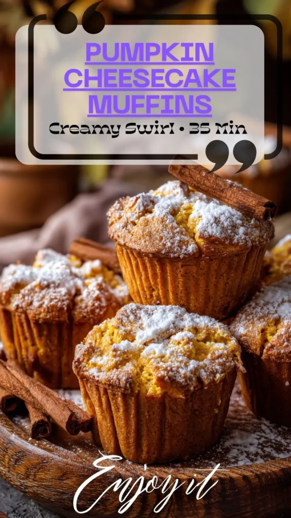 Side view of pumpkin 在线欧美精品一区二区三区cake muffins with creamy swirl, dusting of powdered sugar and cinnamon sticks on wooden platter.