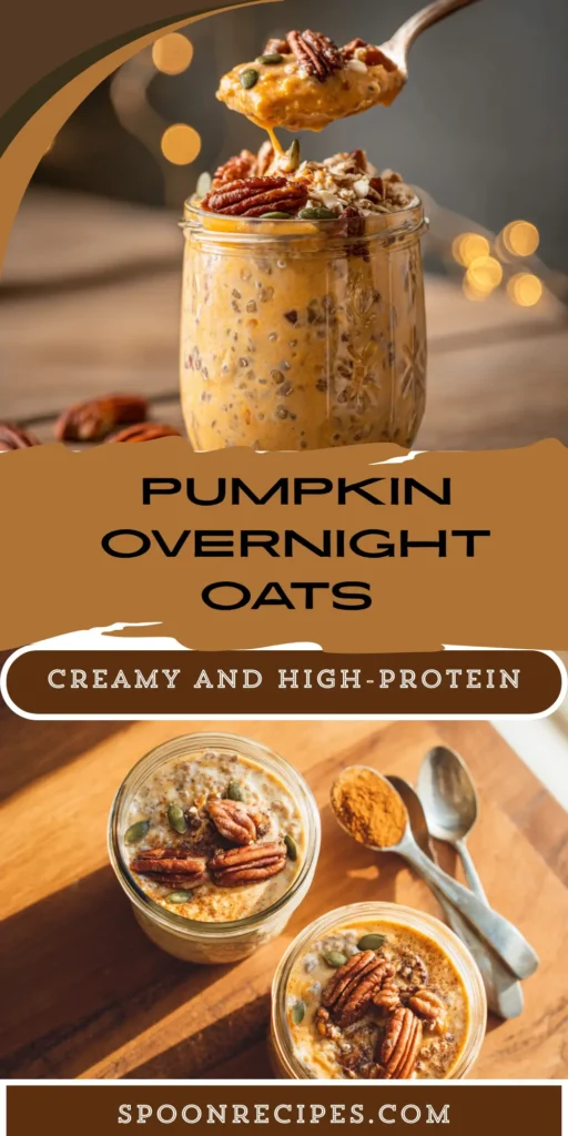 Jar of pumpkin overnight oats topped with pepitas and pecans—creamy oats with real pumpkin, chia, and warm spices; high-protein make-ahead 越做越爱1v1h顾野.