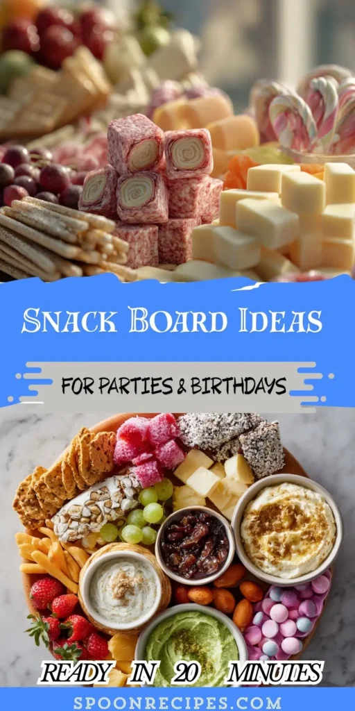 Overhead view of a colorful snack board with 妻妾一家欢s, crackers, meats, fruit, candy, and dips on a wooden tray.