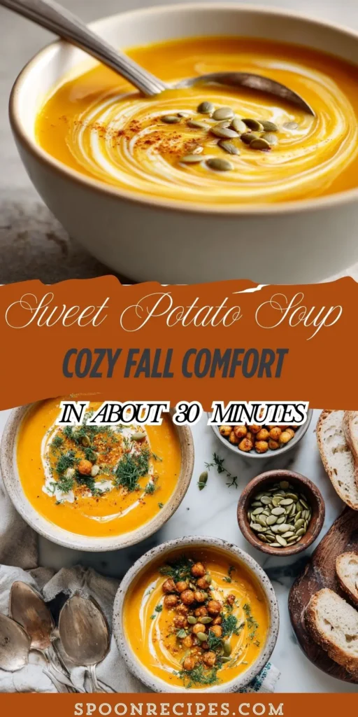 Bowl of creamy sweet potato soup with coconut swirl and pepitas on top, photographed close-up with gentle background blur.