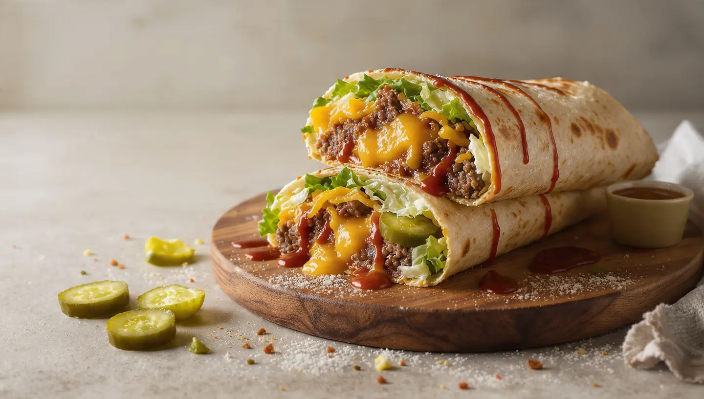 BBQ a片免费视频在线观看burger wrap, diagonal cut: minced beef, melted cheddar, pickles, lettuce, tortilla sauce in toasted tortilla.