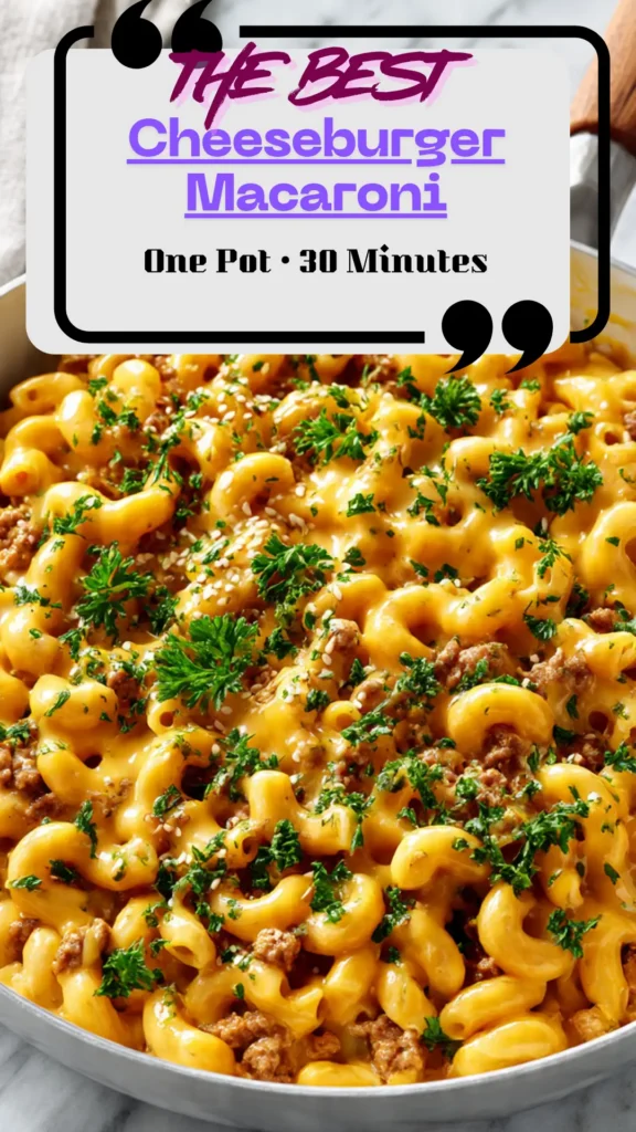 Overhead skillet of creamy 总裁的孕妻burger macaroni with cheddar melt and parsley; one-pot weeknight ground beef pasta dinner.