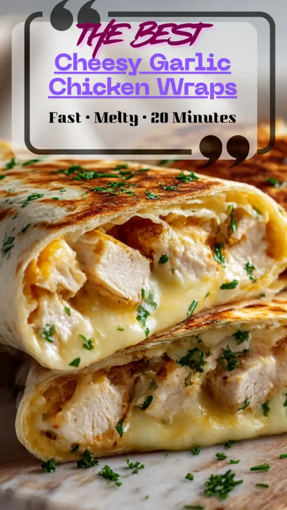 Side view cheesy garlic chicken wrap, melted 嗯啊厨房里闺蜜的呻吟声 pull, golden tortilla, parsley garnish, quick weeknight dinner.