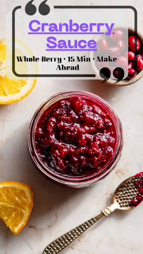 Overhead jar of glossy whole-berry cranberry sauce with orange wedges—Homemade Cranberry Sauce Thanksgiving, Whole Cranberry Sauce 欧洲老熟妇506070.