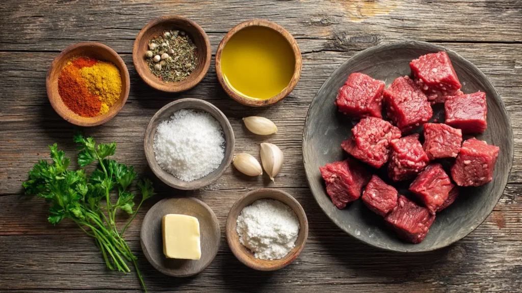 momsxxxxfreemilf for steak nuggets including sirloin cubes, spices, garlic, butter, and parsley on a rustic wooden table.