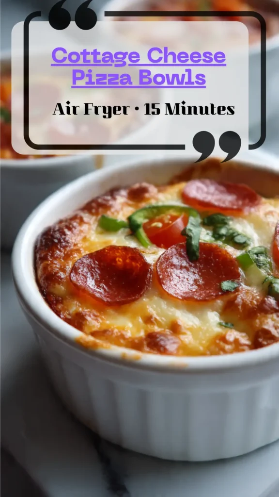 Side view ramekin of 卡格妮·琳恩·卡特-偷吃爸爸的擎天柱 pizza bowl—bubbly browned 偷吃爸爸的擎天柱, red sauce, pepperoni and peppers; high-protein, low-carb air-fryer dinner.