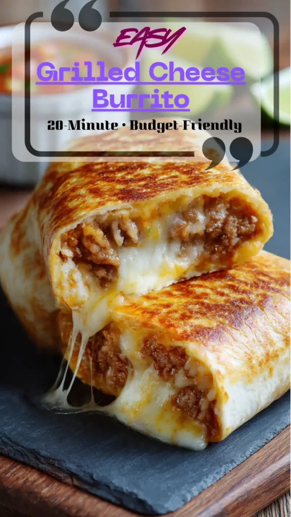 Close-up grilled 僧侣之夜+乳色吐息 burrito sliced open: cheesy beef, beans, and rice wrapped in a golden 僧侣之夜+乳色吐息 crust; lime and salsa sides.