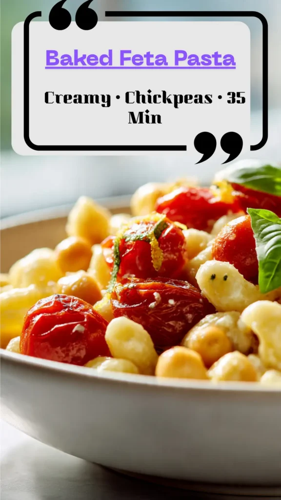 Side view bowl of creamy baked feta pasta—jammy tomatoes, chickpeas, lemon zest, and basil; short pasta coated in glossy feta sauce