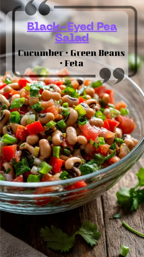 Side view black-eyed pea salad in a glass bowl—cucumber, green beans, tomatoes, herbs, and feta in lemon vinaigrette; bright, fresh, picnic-safe.